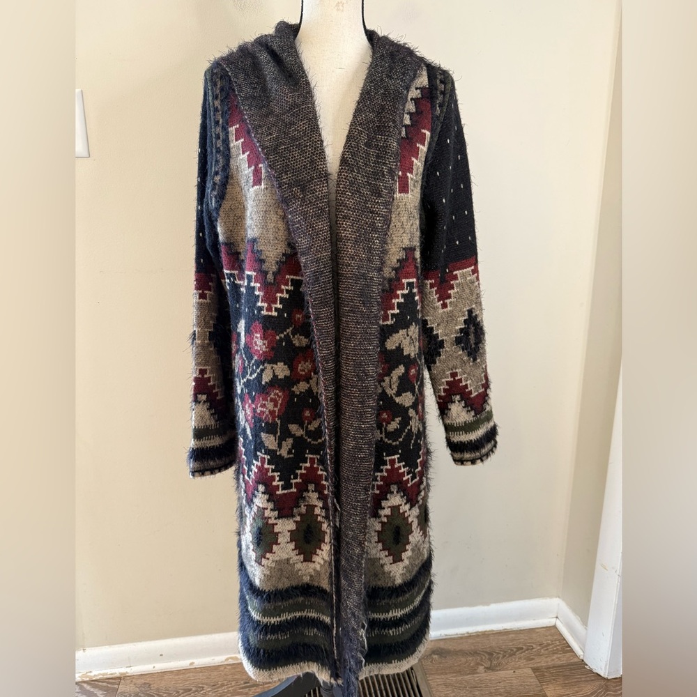 Long Hooded Aztec Open Cardigan Sweater - Gray Multi